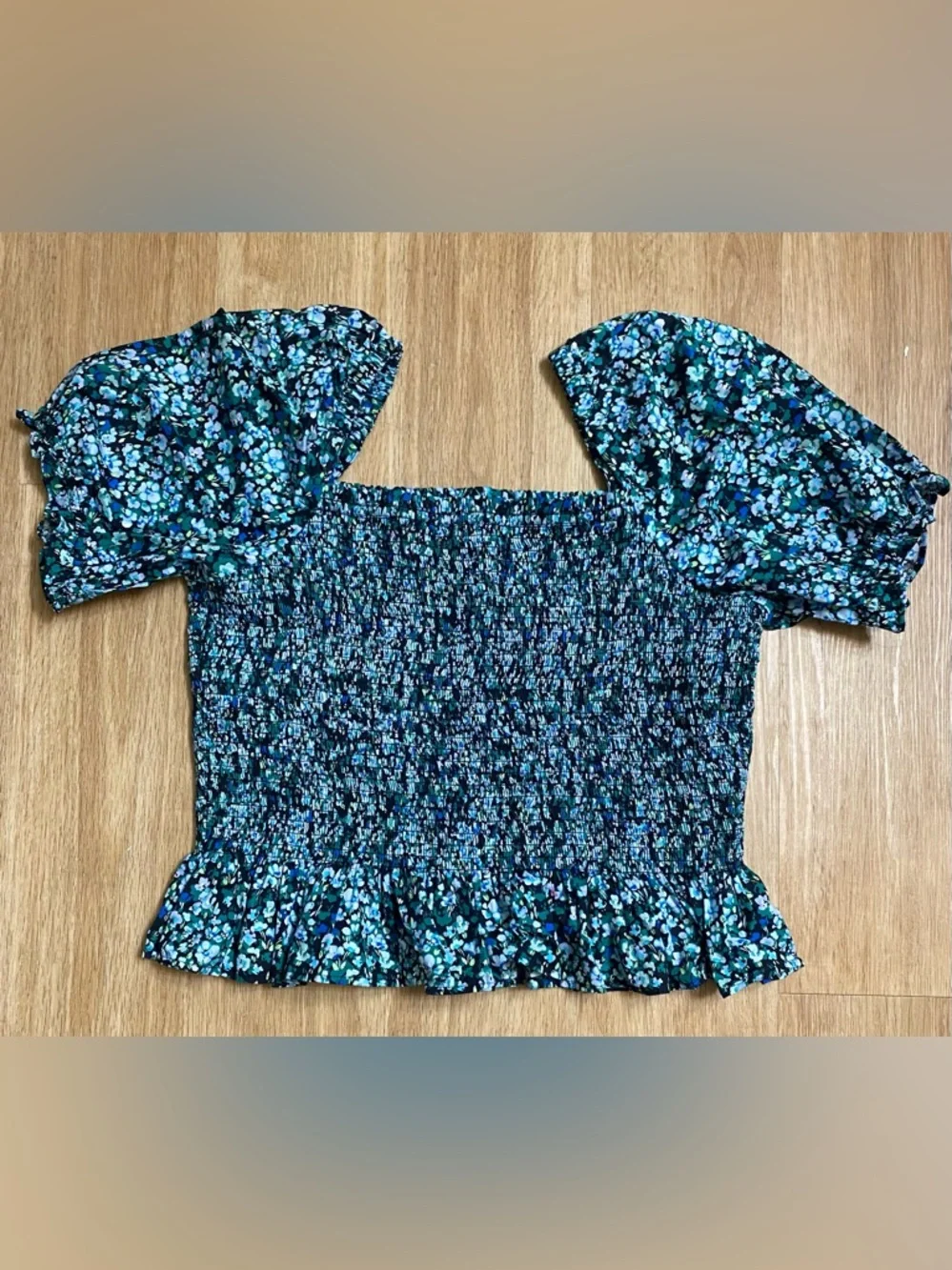 J. Crew Teal and Black Floral Smocked Peplum Blouse - Picture 2 of 6